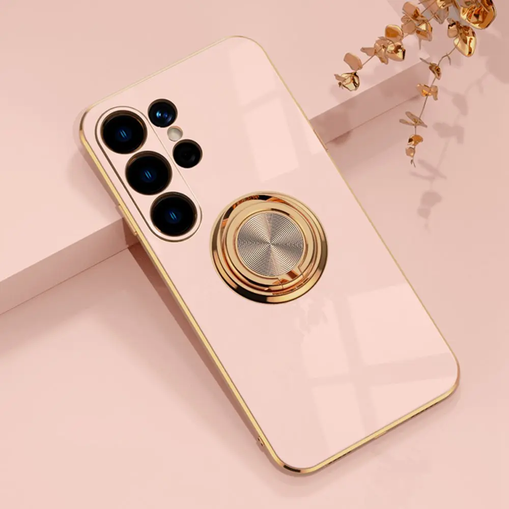 Luxurious Shockproof Silicone Case with Gold Plated Bumper and Magnetic Ring Holder