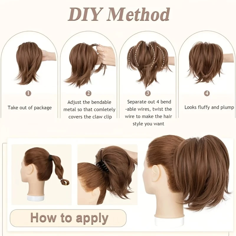 8인치 합성 우아한 메시 헤어 번 포니테일 헤어 익스텐션 클로 클립 DIY 조절 가능한 스타일 풍성한 헤어피스 여성용