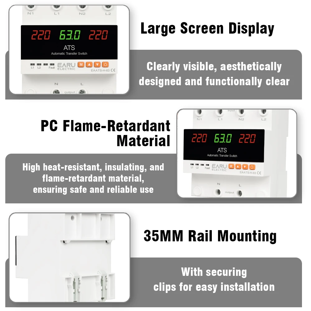 63A 100A ATS Adjustable Over Under Voltage Current Protector Dual Power Conversi