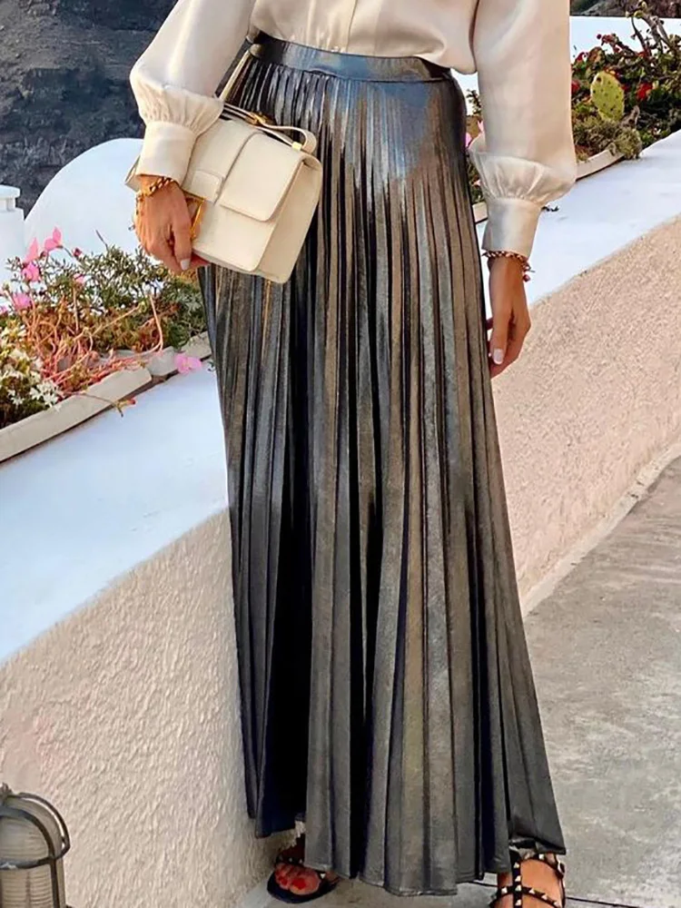 2024LoungewearPleatedSkirtsWomenSpringSummerElegantSolidMaxi