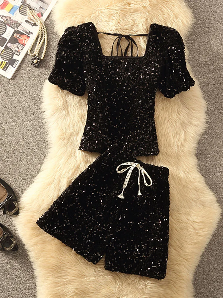 

Women Sequin Shorts Sets Sexy Chic Sparkling Cropped Shirt Baddie Two Piece Set Female 2024 Elegant Evening Partywear Lady