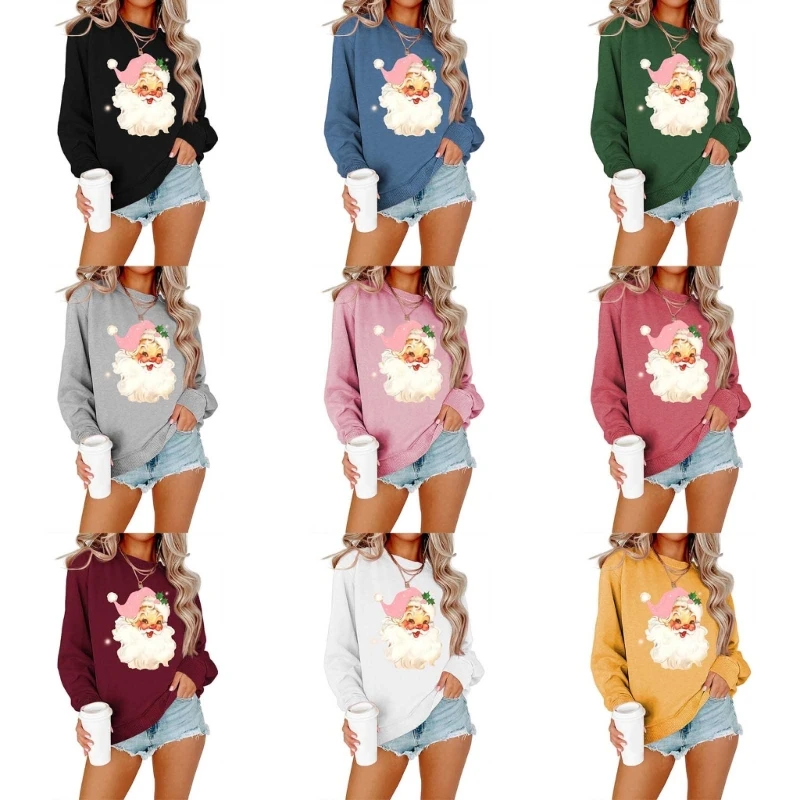 

Women's Christmas Pullover Crewneck Tops Long Sleeve Stylish Santa Patterned Loose Fit Sweater