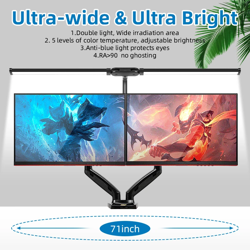 Table Lamp Double Head LED Desk Lamp Stepless Dimmable Computer Monitor Lights USB Foldable for Office Reading