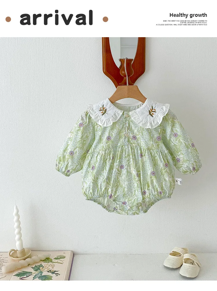 Neue Drehen-unten Kragen Langarm Mädchen Overall Floral Gedruckt Baby Mädchen Strampler Herbst Geburtstag Party Prinzessin Strampler – Detail 1