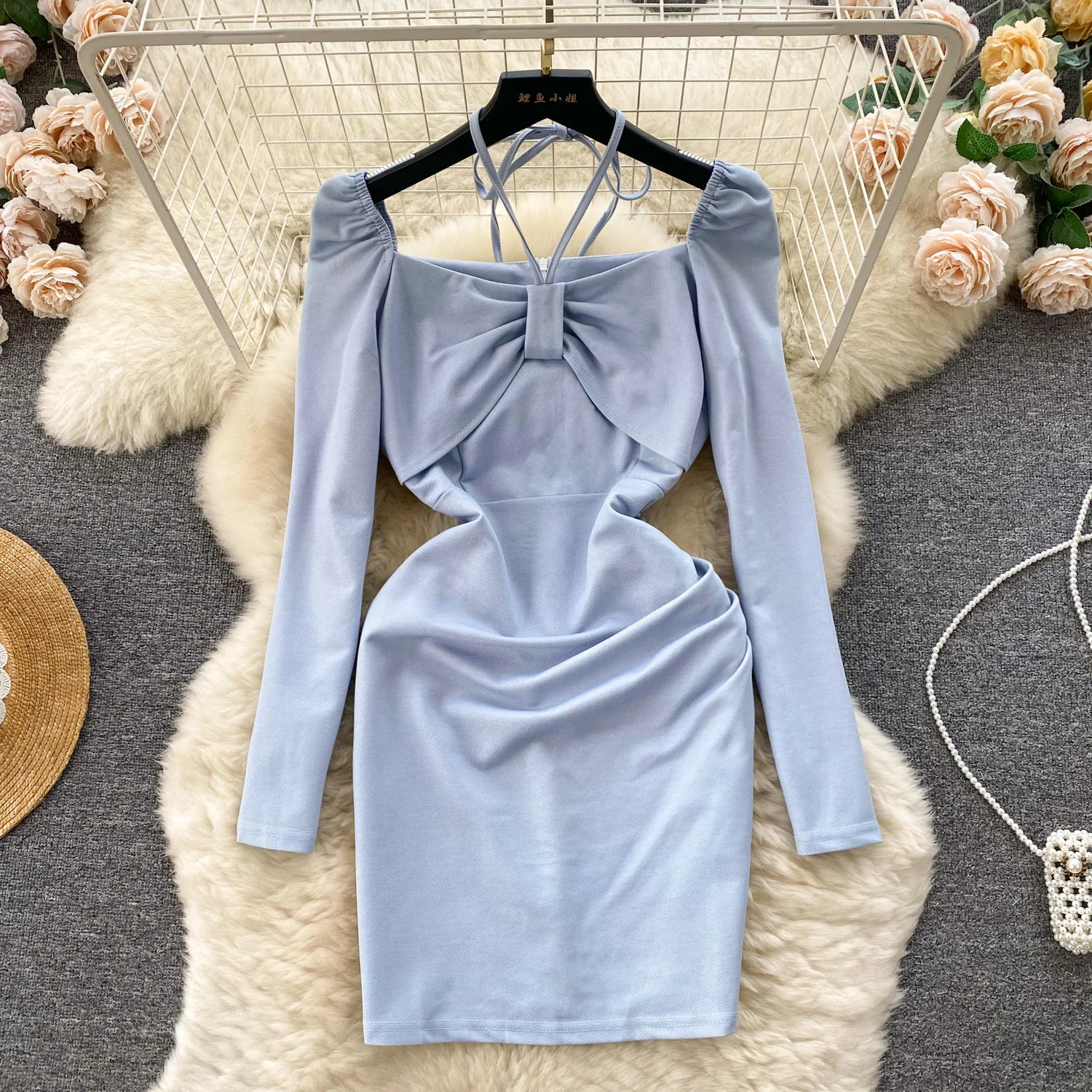 

Long Sleeve Halter Neck Dress For Women Office Work OL Ladides Feminine Sexy Buttocks Wrap Hip Chest Pleated Autumn Spring Dress