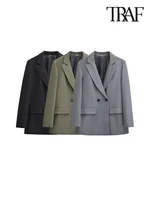 TRAF-Women's Double Breasted Office Wear Blazer Coat, Long Sleeve, Flap Pockets, Female Outerwear, Chic Tops, Fashion 1