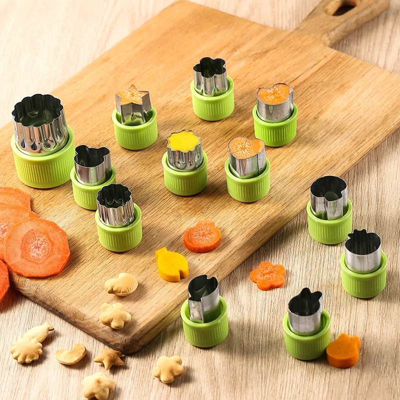 12pcs/set Vegetable Fruit Cutter Stainless Steel Flowers Cartoon Shape Mold Cake Biscuit Cutting Mold Kitchen Cookie Cutter Tool