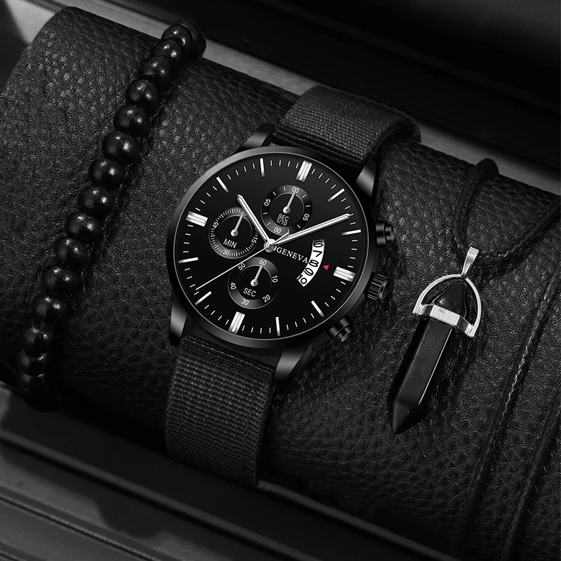 

3PCS Set Fashion Mens Business Watches Men Casual Black Beaded Bracelet Necklace Nylon Strap Quartz Watch Relogio Masculino