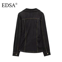 EDSA Women Black Denim Pants Set Fitted Shirt with Patch Pockets Pintuck Straight Leg Jeans Long Pants Suit - Image 3