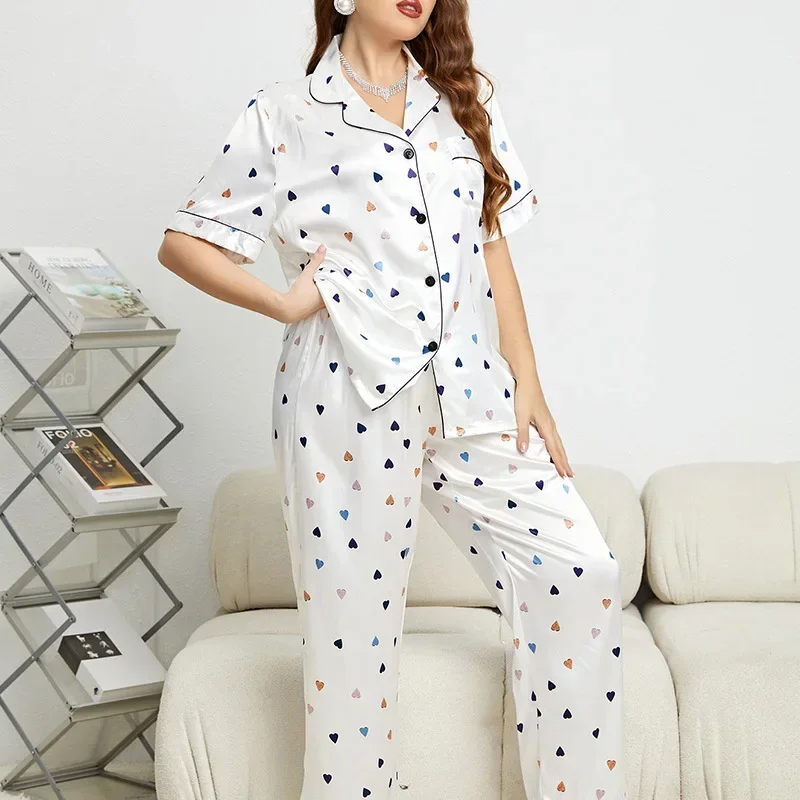 Summer Satin Black Leopard-Print 5xl Plus Size Trouser Pajamas Women's Fashion Casual Pajamas Suit Ladies' Homewear Pijamas