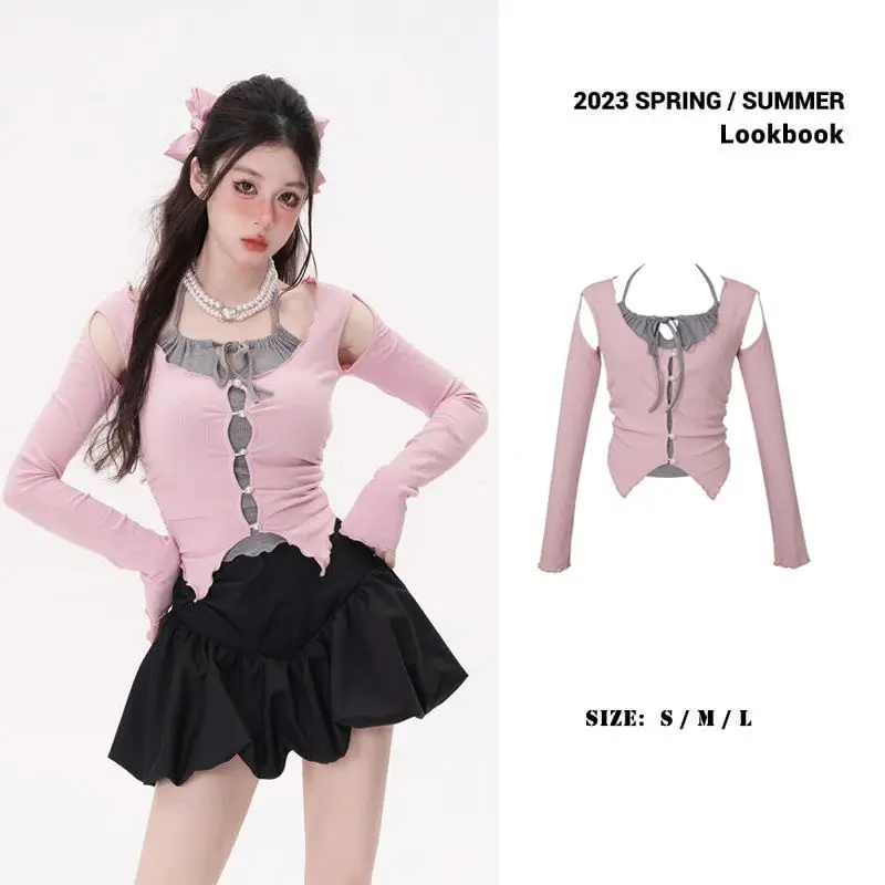 Y2K Pink Fake Two Piece Top Hanging Neck Women Long Sleeved T-shirt Slim Strapless Hotsweet Hottie Korean Fashion Preppy Style