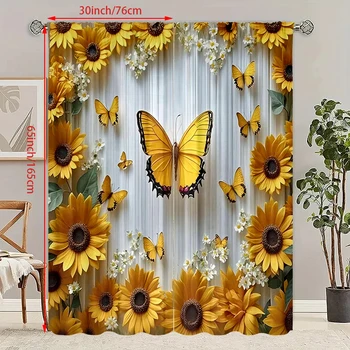 2 uds.-cortinas Vintage de arte de primavera, girasol y mariposa, adecuadas para cortinas de dormitorio, sala de estar, cocina, (v1.12.4)
