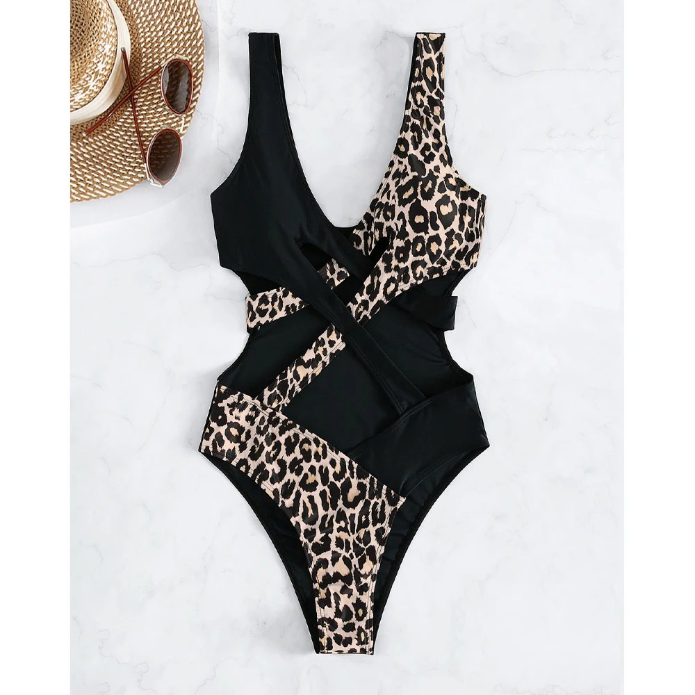 

2022 Patchwork Strapped Swimwear Women Sexy Push Up Cross Hollow One Piece Swimsuit Summer Beach Bathing Suit