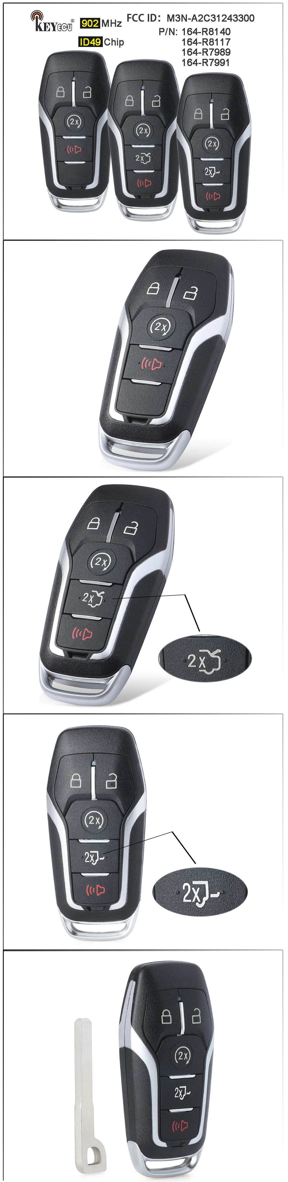 Keyforkess 902MHz ID49 Chip M3N-A2C31243300 Smart Remote Key Fob per Ford Fusion Explore Edge F-Series Mustang per Lincoln MKC MKX 8 Keyforkess 902MHz ID49 Chip M3N-A2C31243300 Smart Remote Key Fob per Ford Fusion Explore Edge F-Series Mustang per Lincoln MKC MKX - S6bcdb7b849914a99b5fd91e99c1de0fb3