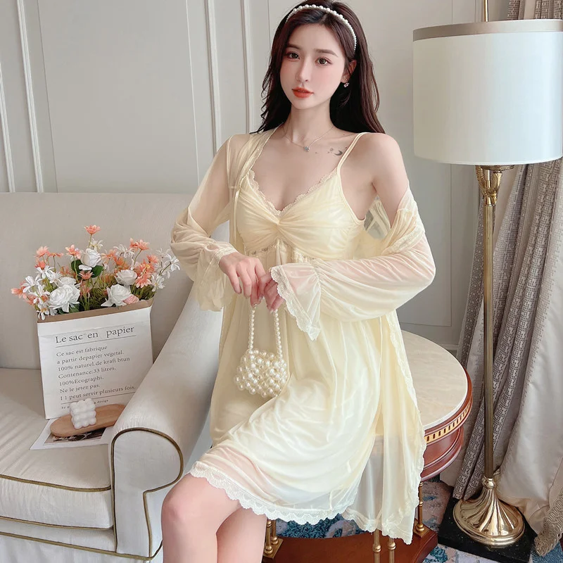 

Summer 2Pcs Sweet Robe Nightdress Set Women Mesh Bathrobe Suit Sleepwear Chemise Nightgown Lace Elegant Hollow Home Gown