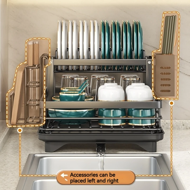 KINGRACK Expandable Dish Drying Rack - Aluminium Foldable Dish Racks For Kitchen Counter, Adjustable Dish Drying Rack With Drainboard Set Swivel Spout, Removable Utensil Holder, Cups Holder, Black