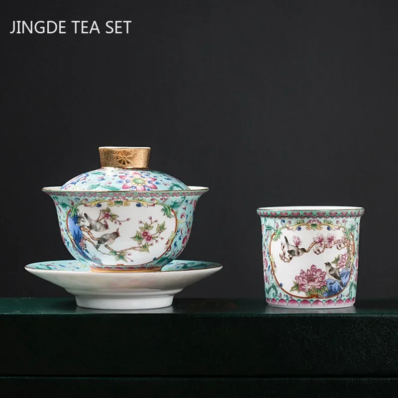 Jingdezhen Enamel Color Ceramic Gaiwan Chinese Tea Set Sancai Tea Bowl Portable with Cover Teacup Household Teaware