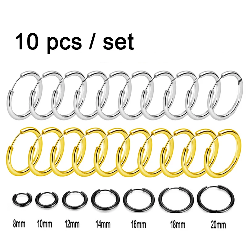 

10pcs Small Hoop Earrings Women Men Gold Silver Color Stainles Steel Round Earrings Circle Anti-allergy Pendientes Mujer 2022
