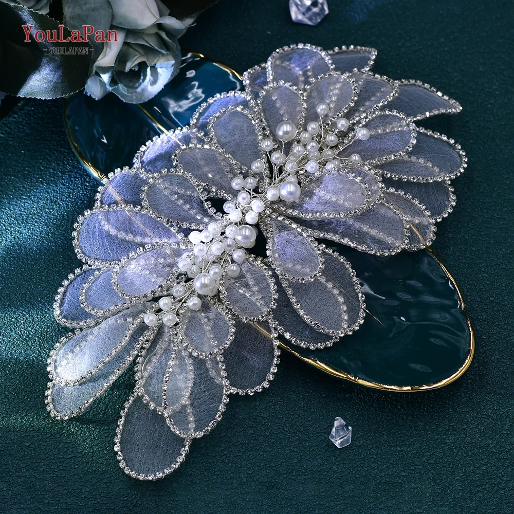 YouLaPan Handmade Mesh yarn Leaf Shape Headband Elegant Women Pearl Headwear Hair Accessories Rhinestone Wedding Headdress HP681
