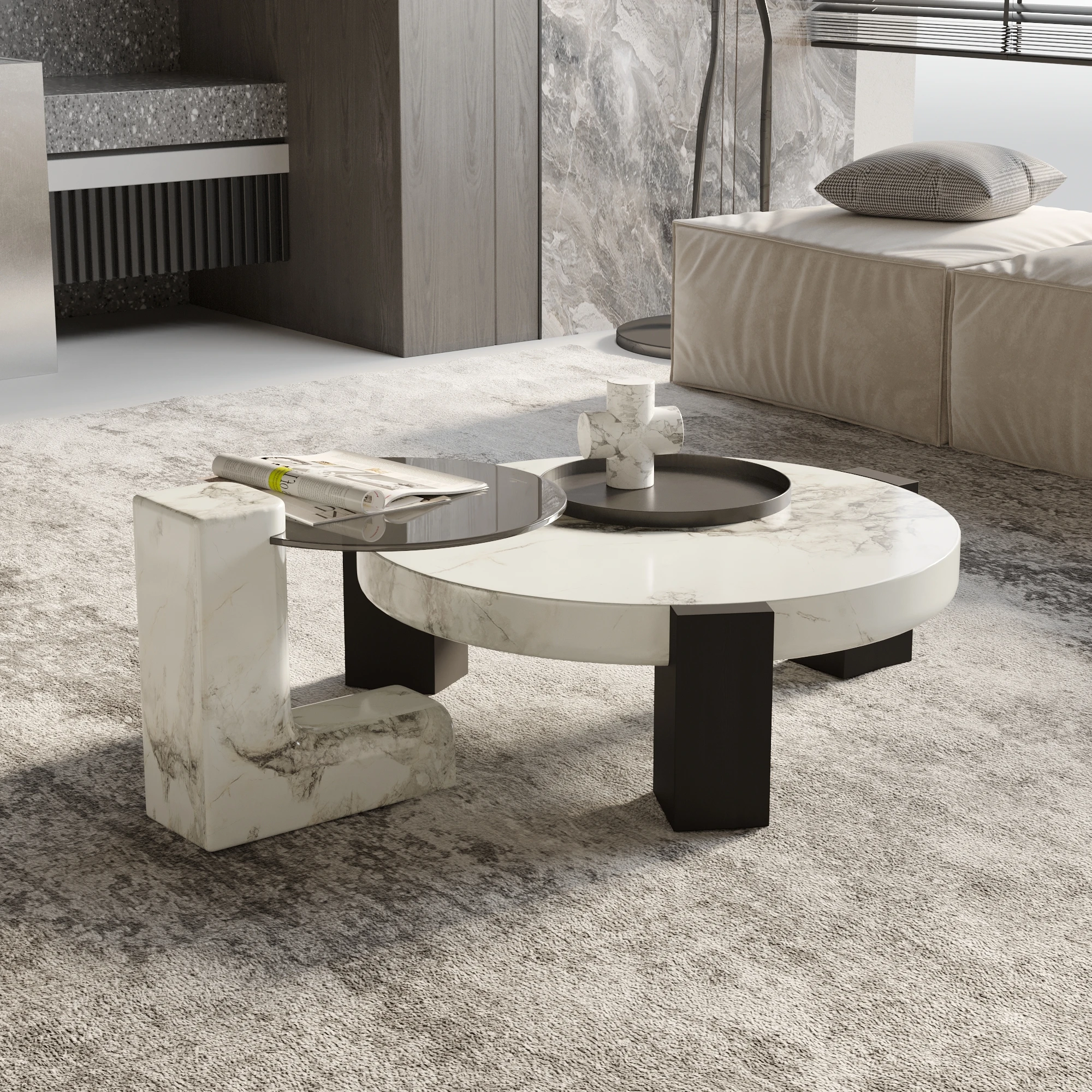Atunus Italian Marble Coffee Table Living Room Light Luxury Size Round Combination Center Coffee Table Living Room Set
