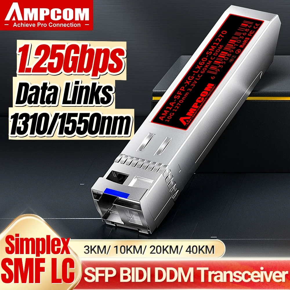 

AMPCOM 1,25G SFP модуль приемопередатчика 1000BASE-BX BiDi SFP к LC Simplex SMF 1550nm-TX/1310nm-RX DOM 3 10 20 40 км