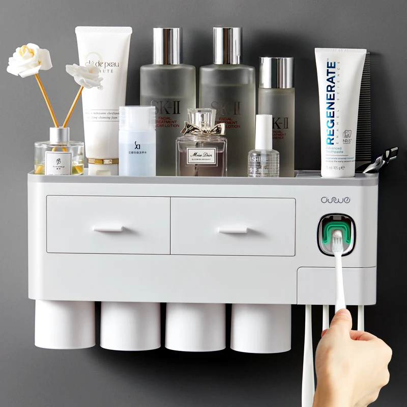 Bathroom Accessories Set Magnetic Adsorption Toothbrush Holder Automatic Toothpaste Dispenser with Cup Wall Mount Storage Rack bathroom accessories set