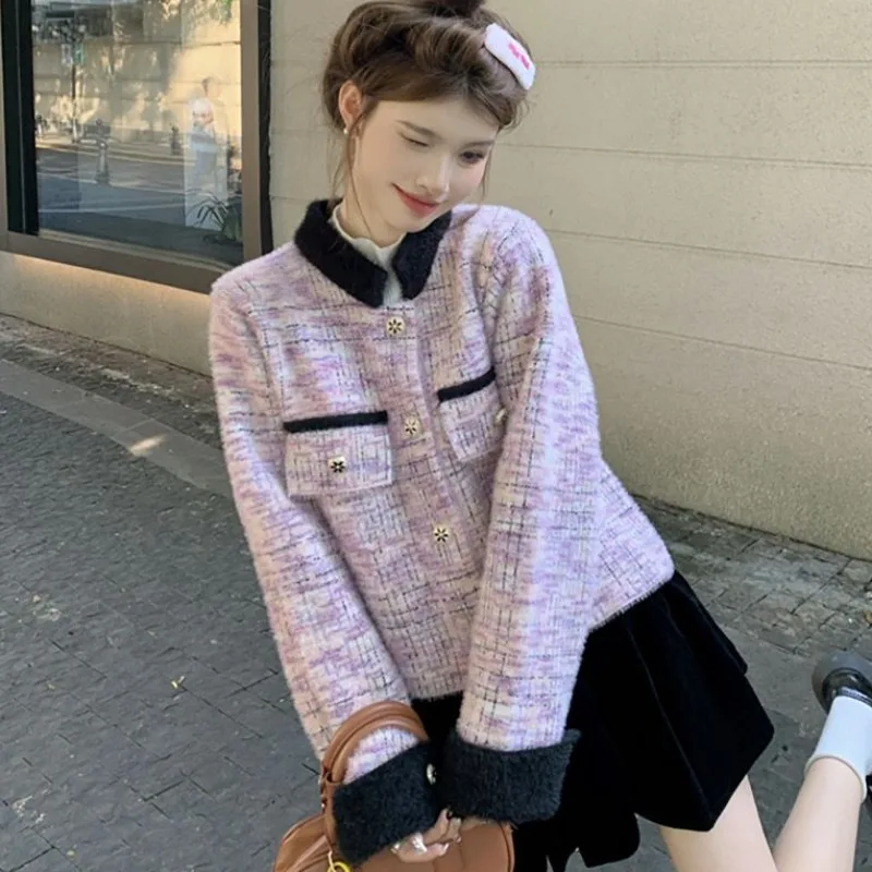 Little Fragrance Contrast Color Jacket Women's Autumn Winter Coat 2024 New Beautiful Chic Baggy Simple Long-sleeved Top Blouse