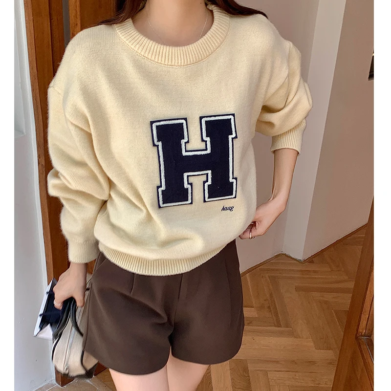 

Women's Big Letter H Round Neck Long Sleeve Knitted Sweater Spring Autumn Fashion Female Chic Loose Pullover Jumpers