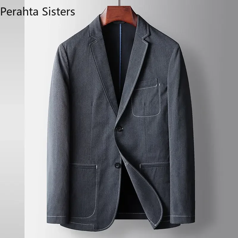 Brand Light Luxury Business Casual Blazers For Men Spring Autumn Young Denim Color Open Line Suit Jacket Men's Clothing