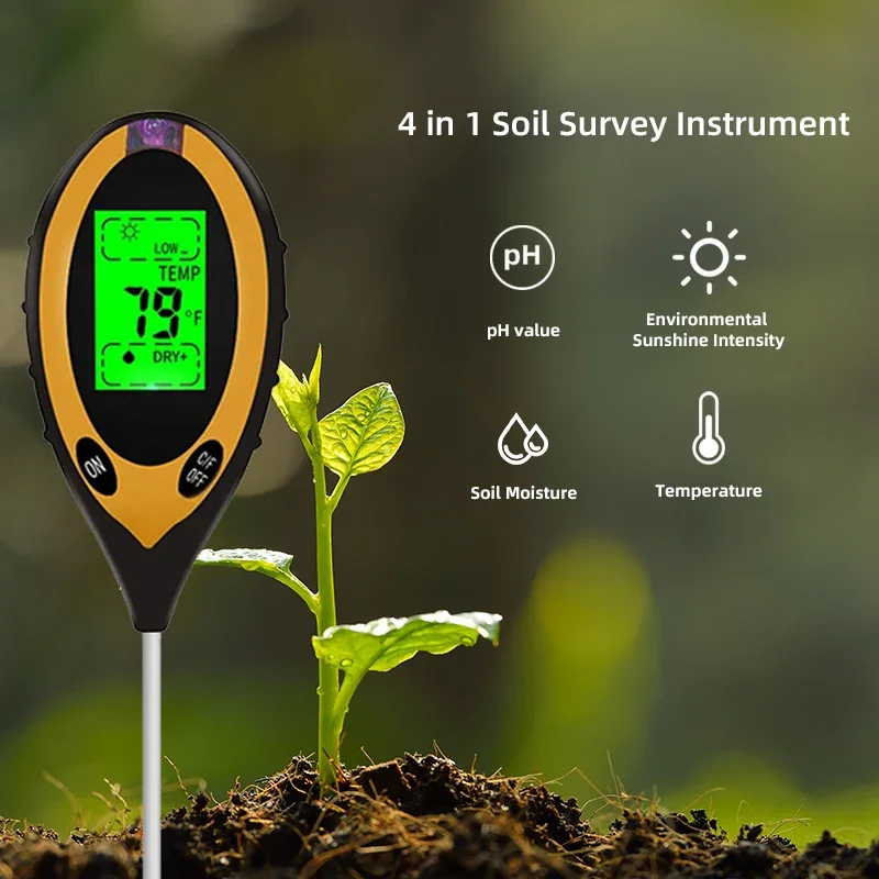4 in1 Soil PH Meter Tester Moisture Temperature Sunlight Intensity measurement Analysis Acidity Test
