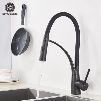 Rubinetto per lavello da cucina nero opaco, beccuccio girevole estraibile, rubinetto per lavello da cucina, miscelatori per acqua calda e fredda montati su piano 1