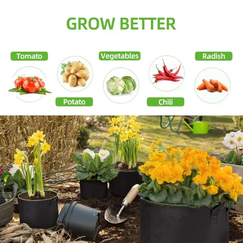 Felt Grow Bags 5Pcs 3/4/5/7/10 Gallon Gardening Fabric Grow Pot Vegetable Strawberry Growing Planter Garden Potato Planting Pots