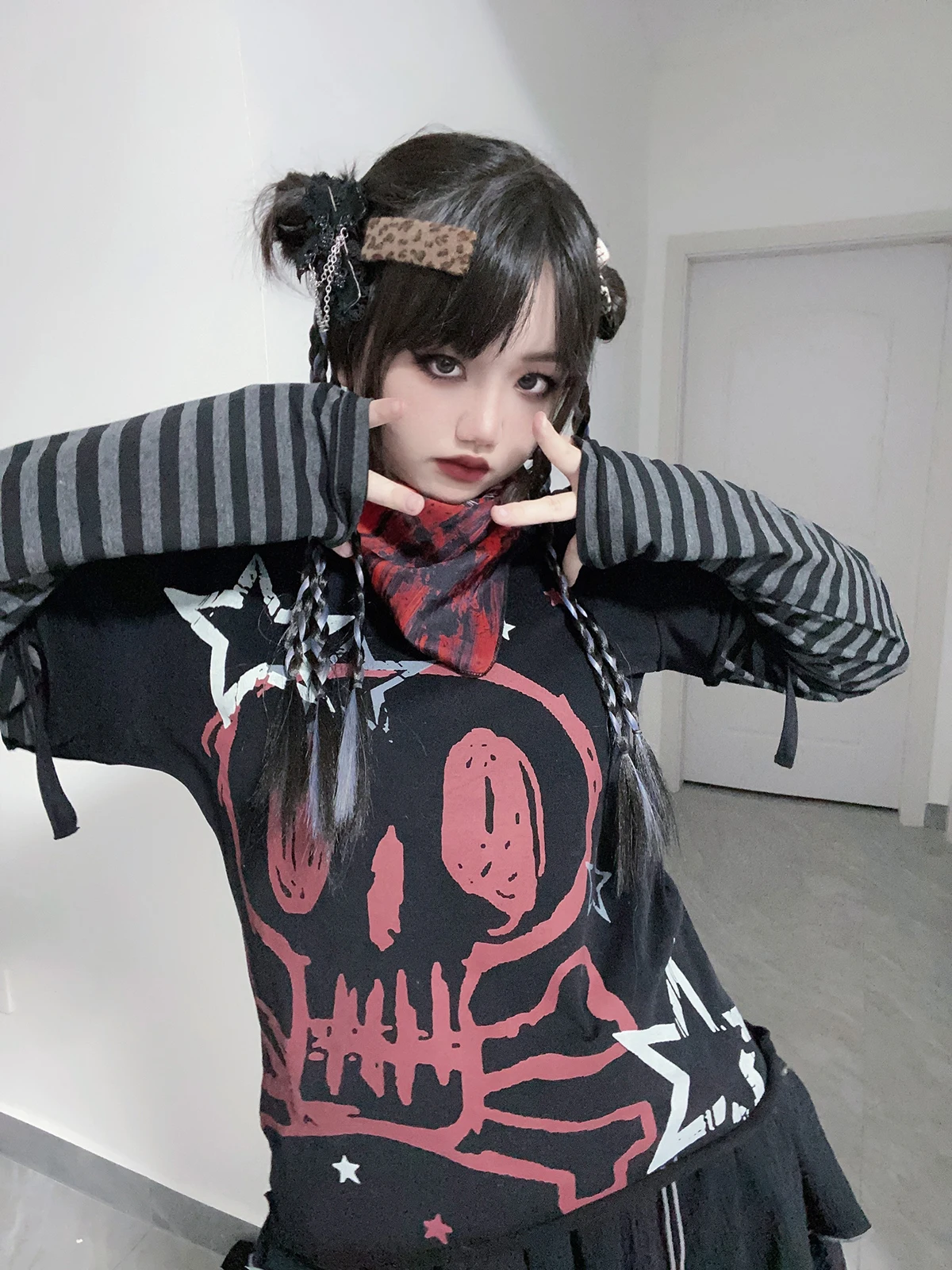 gótico do punk estrela crânio impressão tshirt harajuku feminino outono manga longa falso duas peças camisa grunge rocha alt roupas
