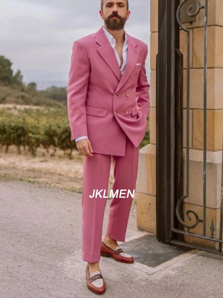 New Designed Pink Blazer Pant Set Fashion Men Suits Double Breasted Formal Costume Homme Italy Style Groom Wedding Tuxedos