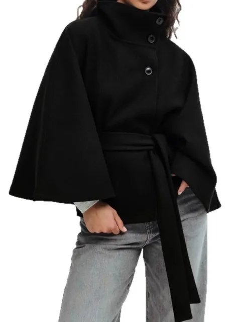 Casual Y2K Coats Women's Autumn Winter New Fashion Solid Color Cloak Stand Collar Button Belt Windbreaker Jacket Women Clothes 5