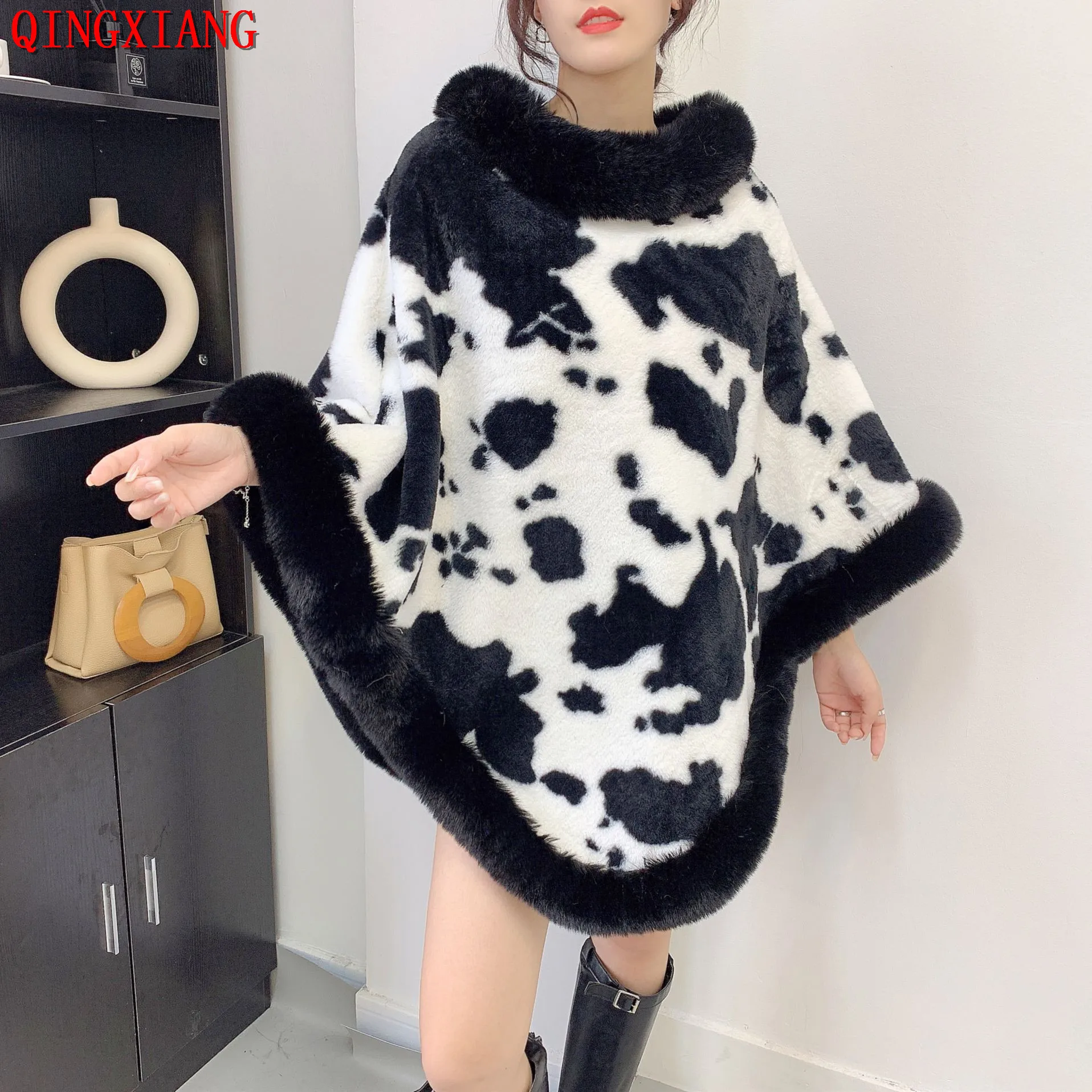 5 Colors 2022  Winter Thick Loose Poncho Capes Printed Cloak Women Faux Fur Velvet Long Triangle Pullover Streetwear Shawl Coat