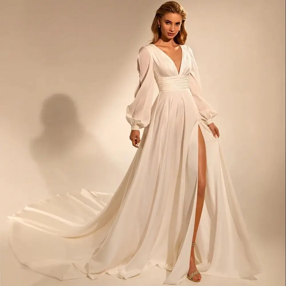 

Flowy Chiffon Wedding Dresses with Slit Women Full Sleeves Vestidos Novia Pleat Wedding Guest Gowns Second Party Dress