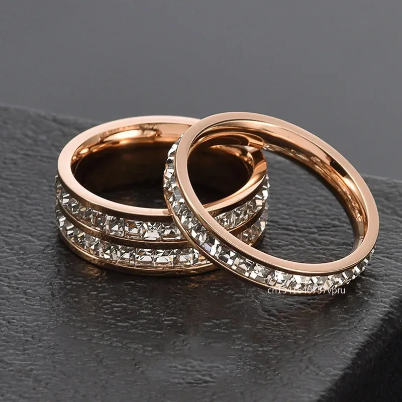 Women Zircon Stainless Steel Ring Double Row Square Romantic Engagement Wedding Party Jewelry
