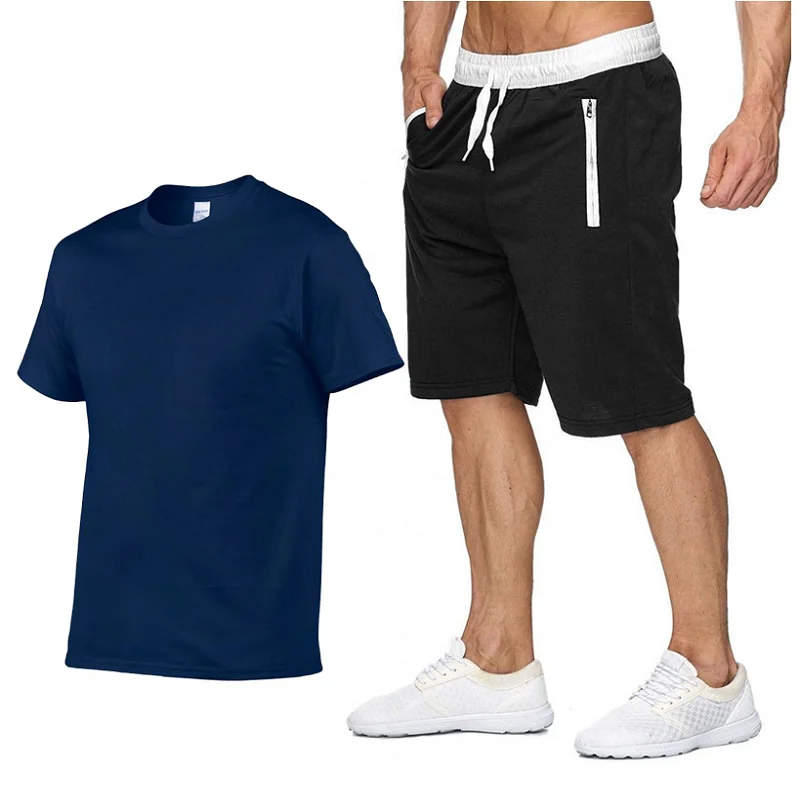 2024 New Summer 100% Cotton Men's T-shirts Shorts 2Pcs Sets Suit Y2K Gym Sportswear Brand Clothes Men's Clothing S-2XL