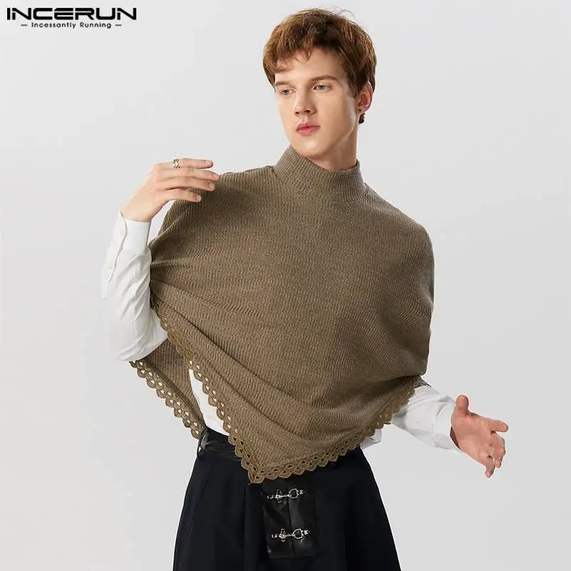 

INCERUN Tops 2023 American Style New Mens Loose Fitting Solid Knitted Lace Trench Casual Simple Male High Neck Shawl Cape S-5XL