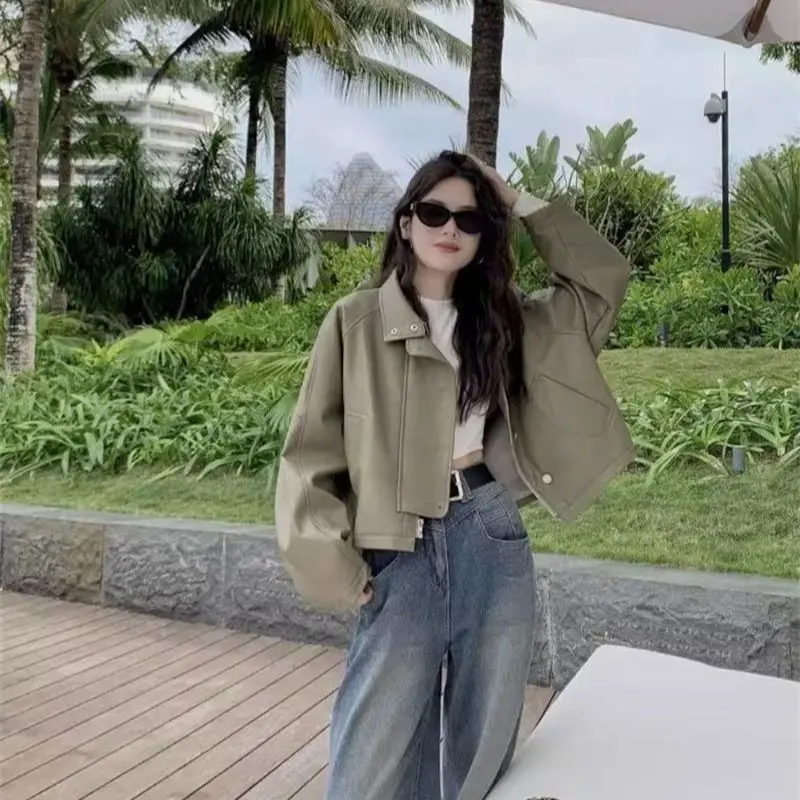 Standing Collar Short Jacket PU Leather Jacket for Women's 2024 Autumn Loose Fitting American Retro High-end Loose Casual Jacket
