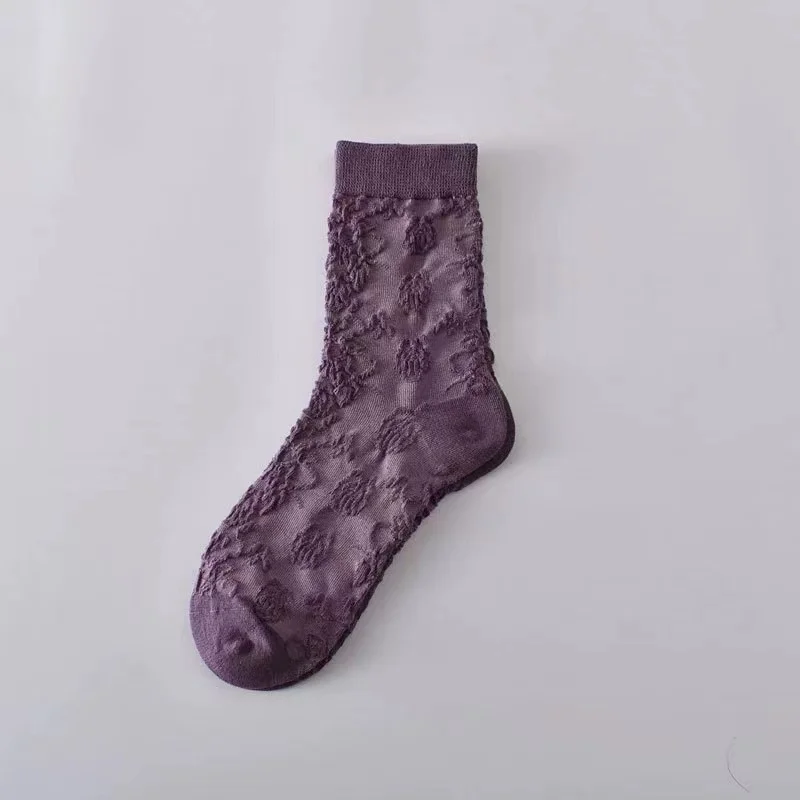 5 Pairs of New Fashion Trend Soft and Comfortable Retro Three-Dimensional Relief Purple Women's Socks