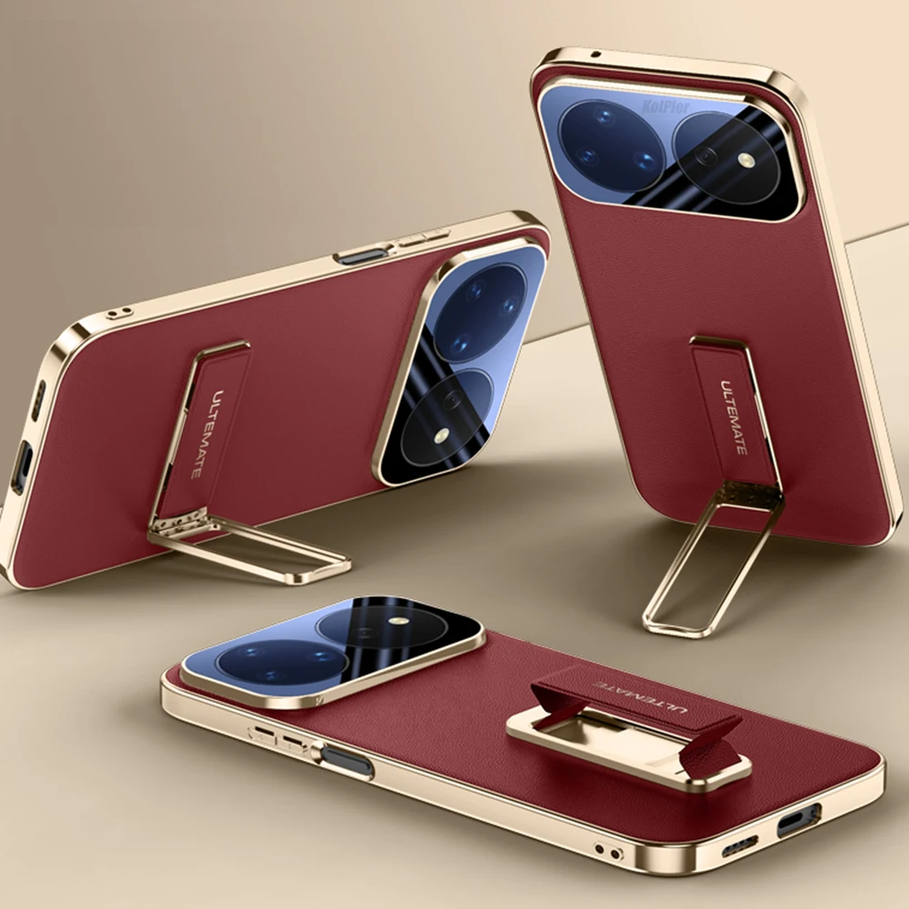 Luxury Plating Leather Case with Alloy Bracket and Wristband Holder - Hard Slim Texture Original Cover