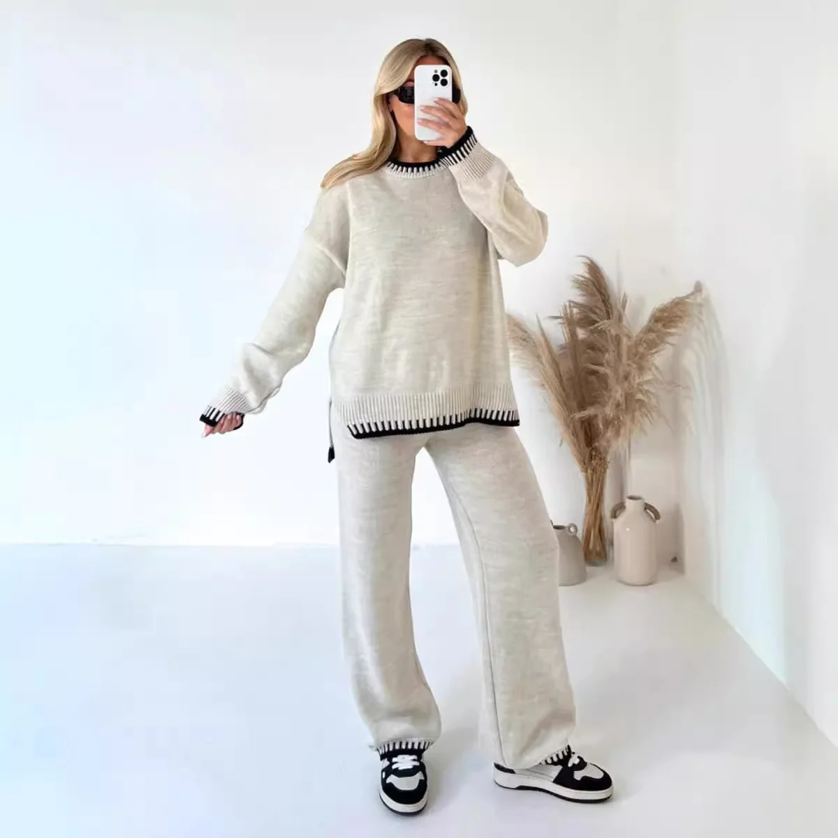 Women Knitting 2 Piece Set Casual Loose O Neck Pullover Top Wide Leg Pants Two Piece Outfits Fashion Color Matching Home Suit 1