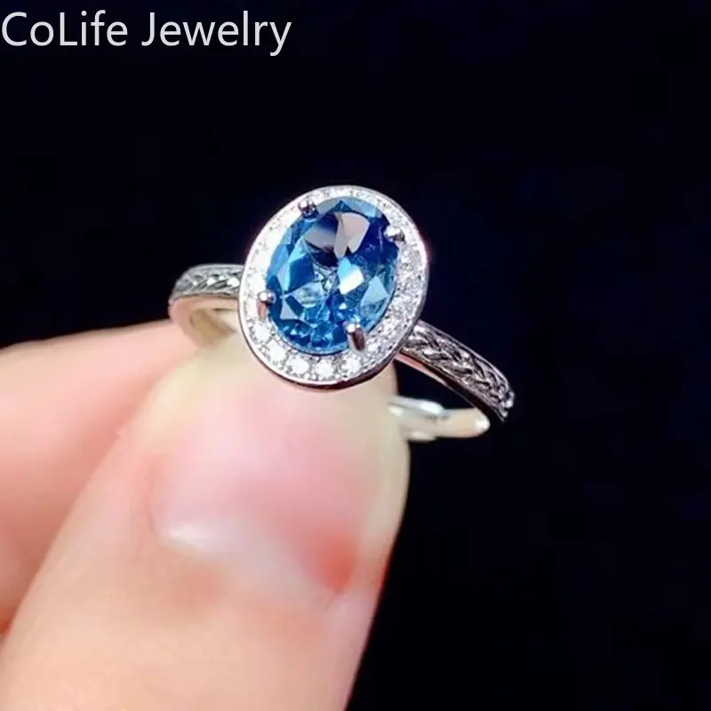 

1ct Natural Topaz Ring 6mm*8mm VVS Grade Natural Topaz 925 Silver Ring 3 Layers 18K Gold Plating London Blue Topaz Jewelry