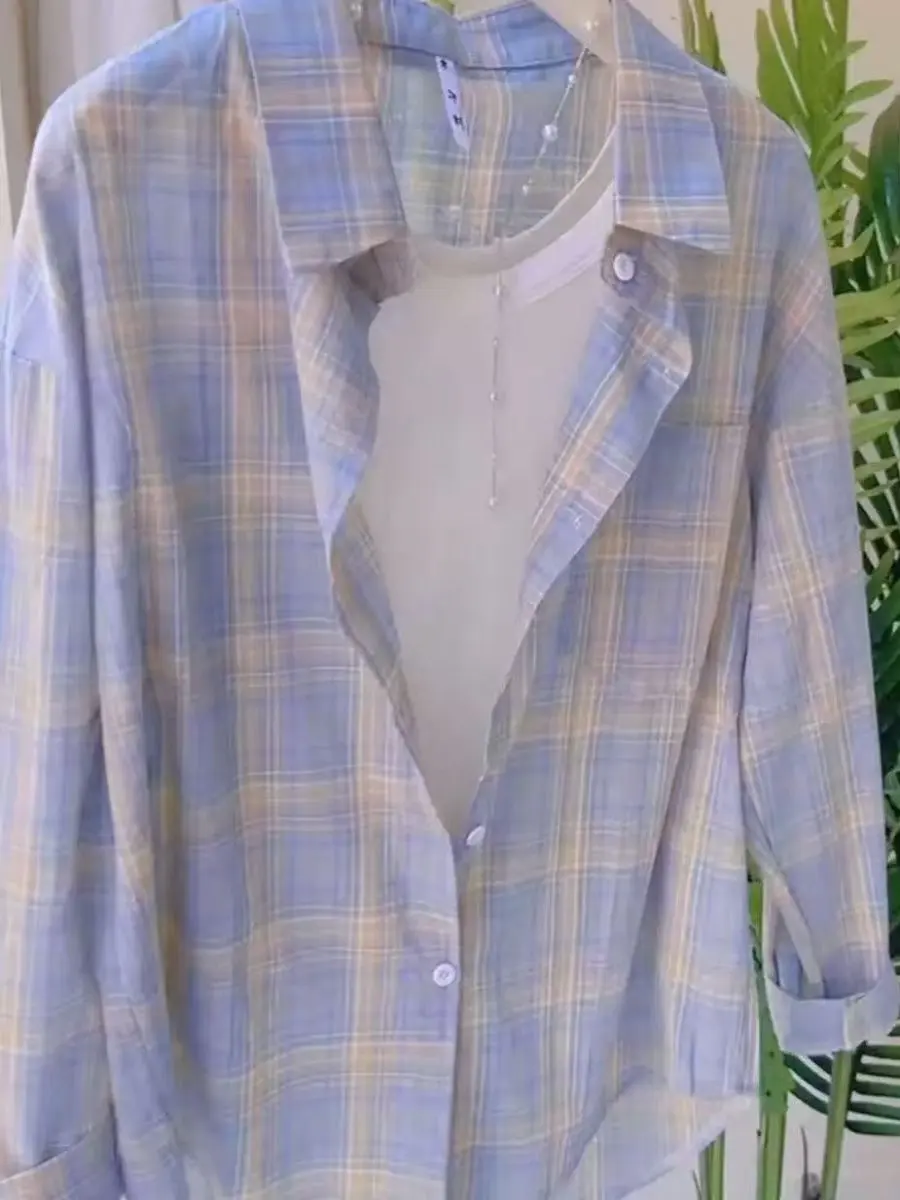 Summer 2025 New Sle Women's Loose Long Sve Plaid irt Thin Sun Protection Outerwear Casual Busin Polyester Fiber