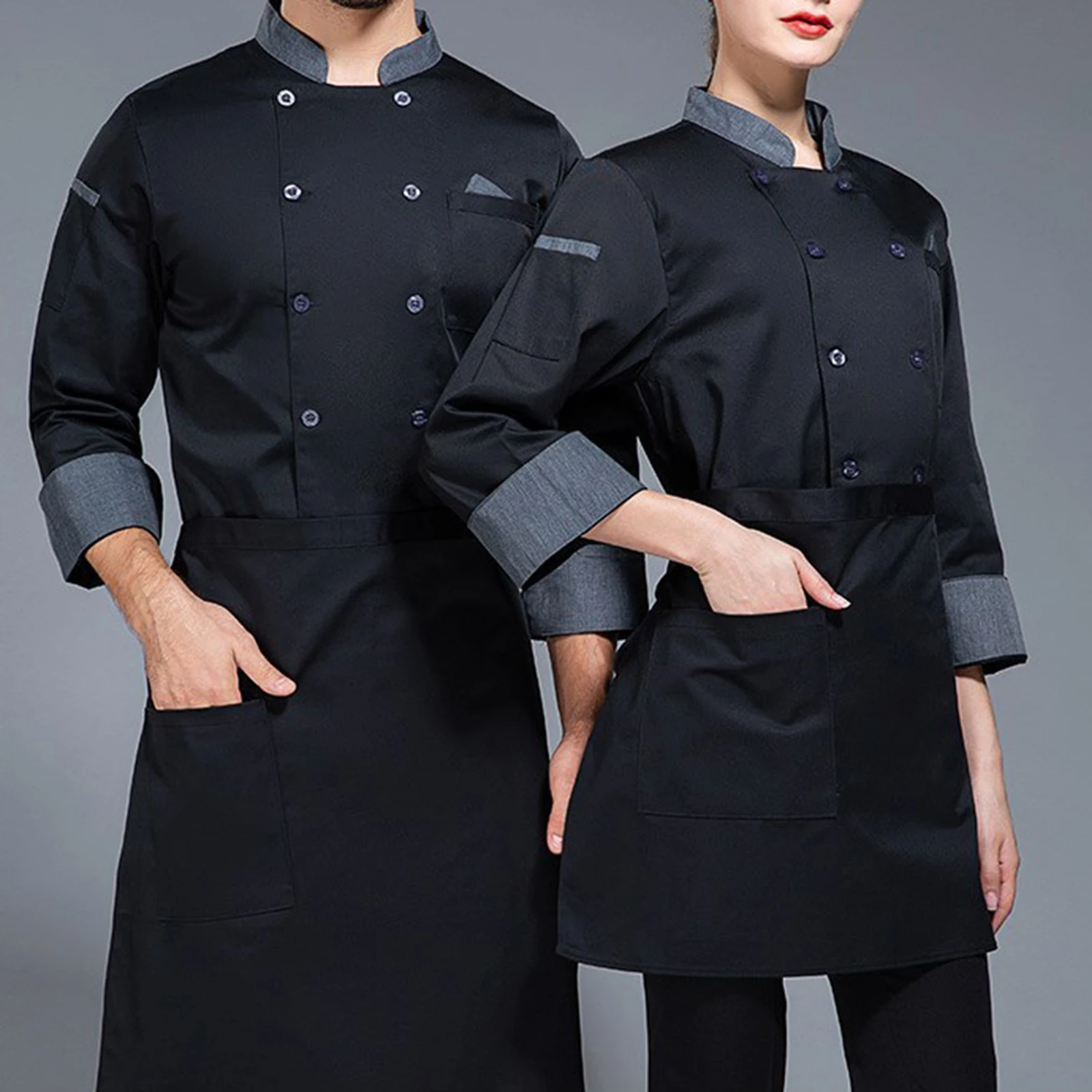 Mens Womens Chef Shirt Unisex Double-Breasted Chef Coat Stand Collar Long Sleeve Cook Jacket Restaurant Hotel Kitchen Uniform
