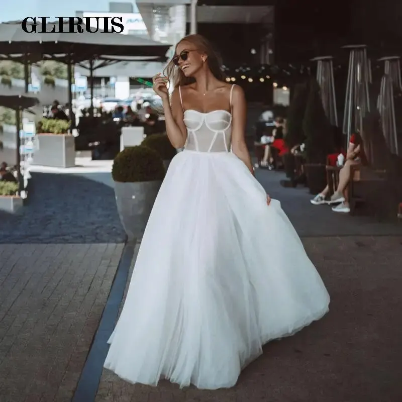 

Простое свадебное платье с сердечком, ТРАПЕЦИЕВИДНОЕ Тюлевое платье на тонких бретельках с жемчугом, свадебные платья, пошив на заказ, 2022