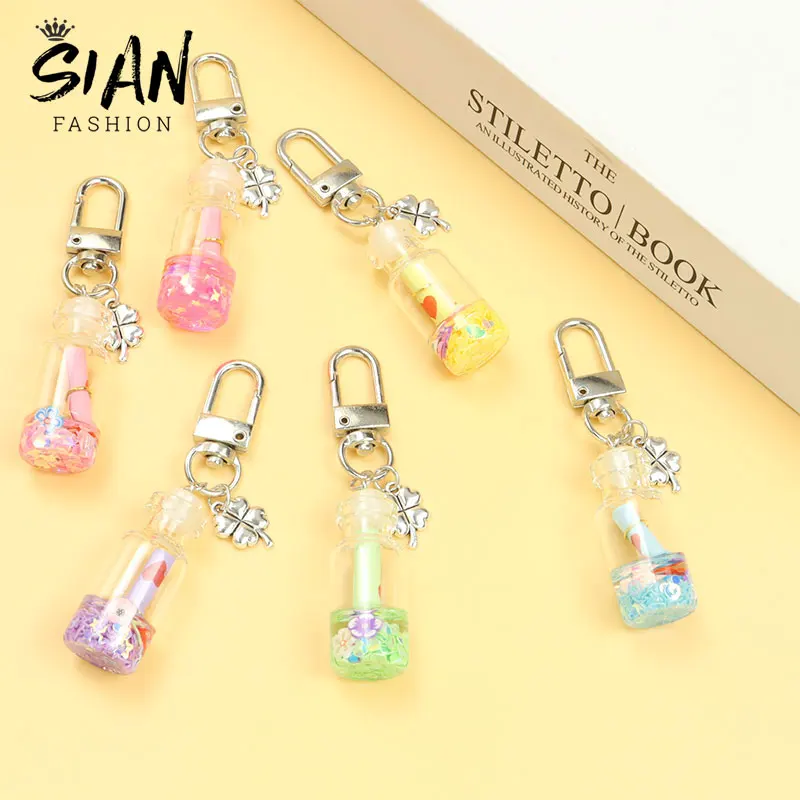 Fashion Four Leaf Clover Wishing Bottles Keychain Colorful Sand Drift