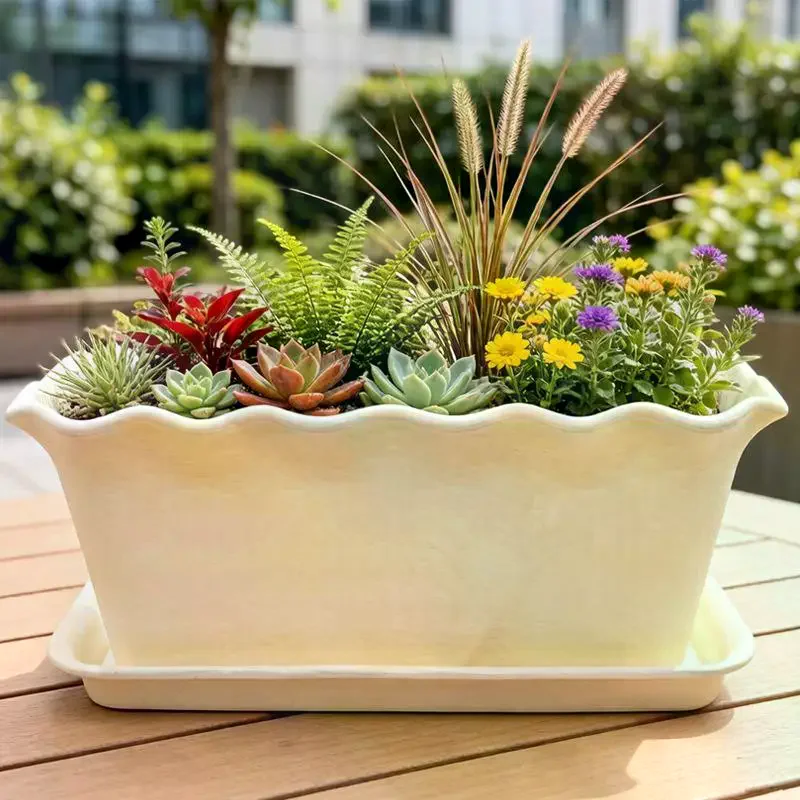 Fioriera Rettangolare con Bordo Ondulato Color Crema con Sottovaso, Spessa e Resistente ai Raggi UV, Perfetta per Balcone, Patio, Giardinaggio di Fiori ed Erbe, Casa - immagine 4
